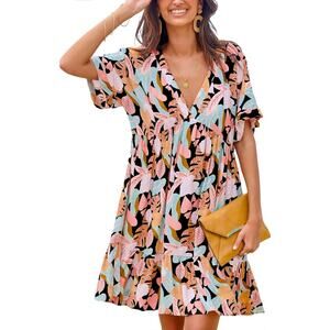 NEW Womens Cupshe Soft Tropics Short‎ Sleeve Mini Dress Beach Vacation Floral M